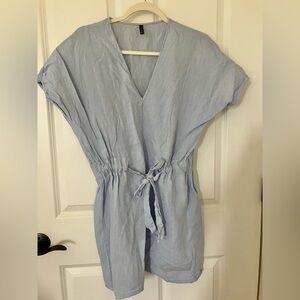 Zara TRF Light Blue T Shirt Dress Tie cinch waist V neck dolman 100% Linen sz XS